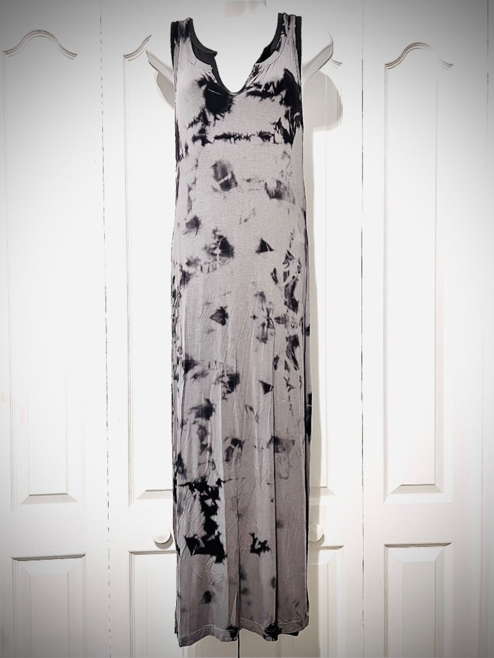 Fleur Bleue-Women's Maxi XS Black/Gray Tie Dyed 2 Layered Stretch Distress Dress